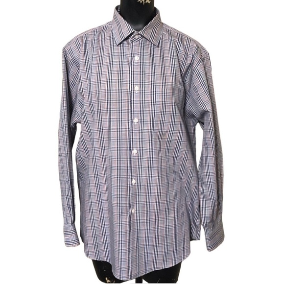 Neiman Marcus Cotton Trim Fit Button Down Shirt Blue Plaid - Picture 1 of 3
